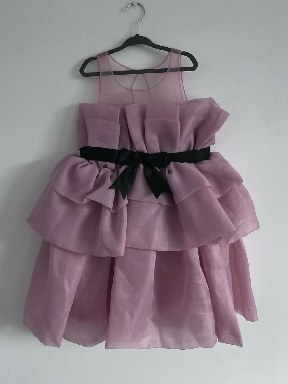 Girls Pink Tiered Ruffle Party Dress Size 6Y Black Bow Princess